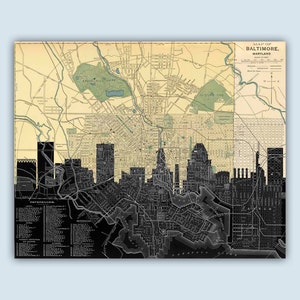 Baltimore Personalized Skyline Print, Baltimore Maryland Decor, Baltimore Old Map