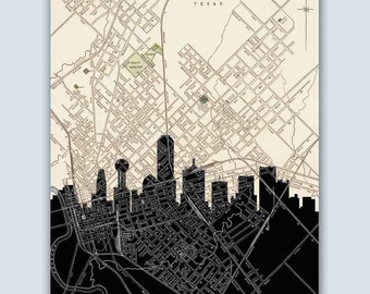 Dallas Personalized Skyline Print, Dallas Texas Gift, Dallas Old Map