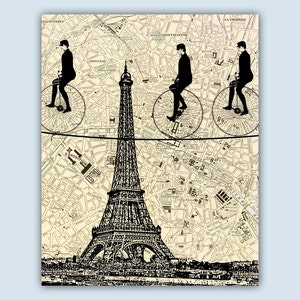 Paris Art Print, Paris Decor, Paris Poster, Cycling Tightropers Crossing Eiffel Tower, Paris Map, Cycling Gifts, Map Art, Eiffel Tower Print