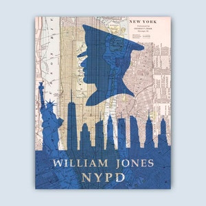 Police officer gift, police print, combined outlines policeman silhouette New York skyline, PERSONALIZED Policeman Gift, retirement gift