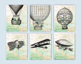 Communication Art, Aerostation Theme Hot air Balloon, Aeroplane, Playroom Decor, gift for kids, Educational Art, Air communication