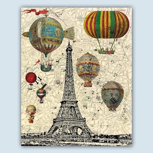 Paris Art Print, Paris Decor, Paris Poster, Hot Air Balloons Over Eiffel Tower, Paris Map, Eiffel Tower Poster, Hot Air Balloons Art