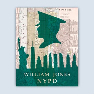 May include: A green silhouette of a police officer's head with a hat, superimposed on a vintage map of New York City. The silhouette includes the Statue of Liberty and the New York City skyline. The text "William Jones NYPD" is at the bottom of the image.
