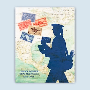 Mailman Print, Transporteur postal féminin, travailleuse postale personnalisée, affiche de timbre de carte de facteur, cadeau de retraite de facteur, décor de bureau de poste