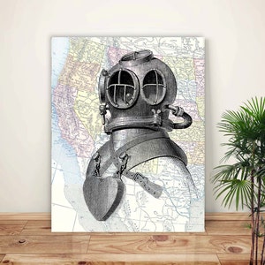 Nautical Art, Scuba Diver Helmet Print, Diving Art, Deep Sea Diver, Old Scaphander, Dive Helmet Illustration, Map Art, Scuba Diving Poster