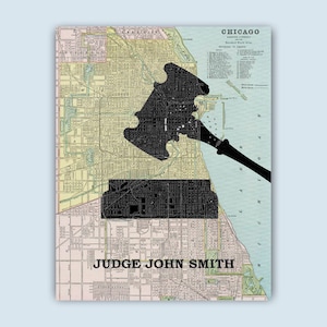 Impresión del juez, regalo personalizado del juez, justicia, cartel de la justicia del símbolo de Gavel, arte del mapa de Chicago, regalo de graduación, regalos del juez, cartel de la justicia