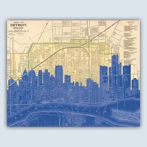 Detroit Personalized Skyline Print, Detroit old map, Detroit Michigan Gift