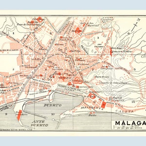 Può includere: Mappa vintage di Málaga, Spagna, con una planimetria dettagliata delle strade in rosso su sfondo crema. La mappa include il porto, Ante Puerto e Caleta, con etichette testuali in spagnolo. La scala è indicata in basso, con misure in metri.