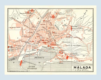 Vintage Malaga Spain City Map Art Print