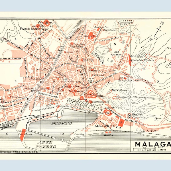 Malaga Spanje Vintage Stadsplattegrond, Malaga Geschenken, Malaga Kunst aan de Muur