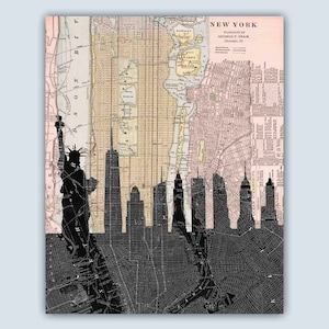 New York gepersonaliseerde skyline print, New York City oude kaart, New York Decor