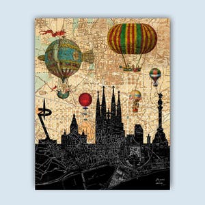 Barcelona Skyline, Barcelona City map Poster, Barcelona Decor, Barcelona Hot air Balloons,  Wedding Gift, Wedding Gift, Housewarming gift