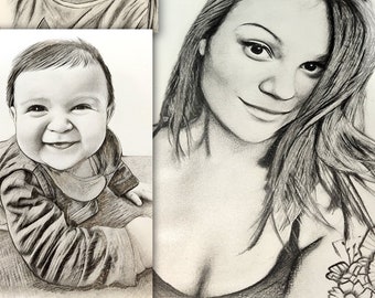 Your photo in drawing! Drawn in pencil, a unique and original personalized gift! Portrait, cat, dog, child, family, wooden frame