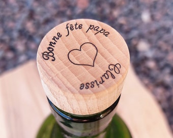 Bouchon bouteille de vin personnalisé en bois, un cadeau pour son papi, son papa ! Haute qualité de finition, ciré et lustré