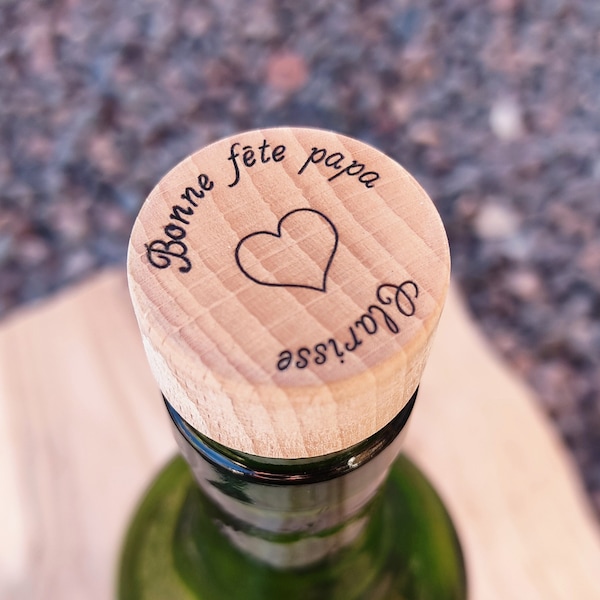 Bouchon bouteille de vin personnalisé en bois, haute qualité de finition ciré et lustré, un cadeau idéal pour son papa