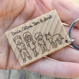 Personalized family key ring in solid wood, engrave your family on a key ring, a unique and lasting gift