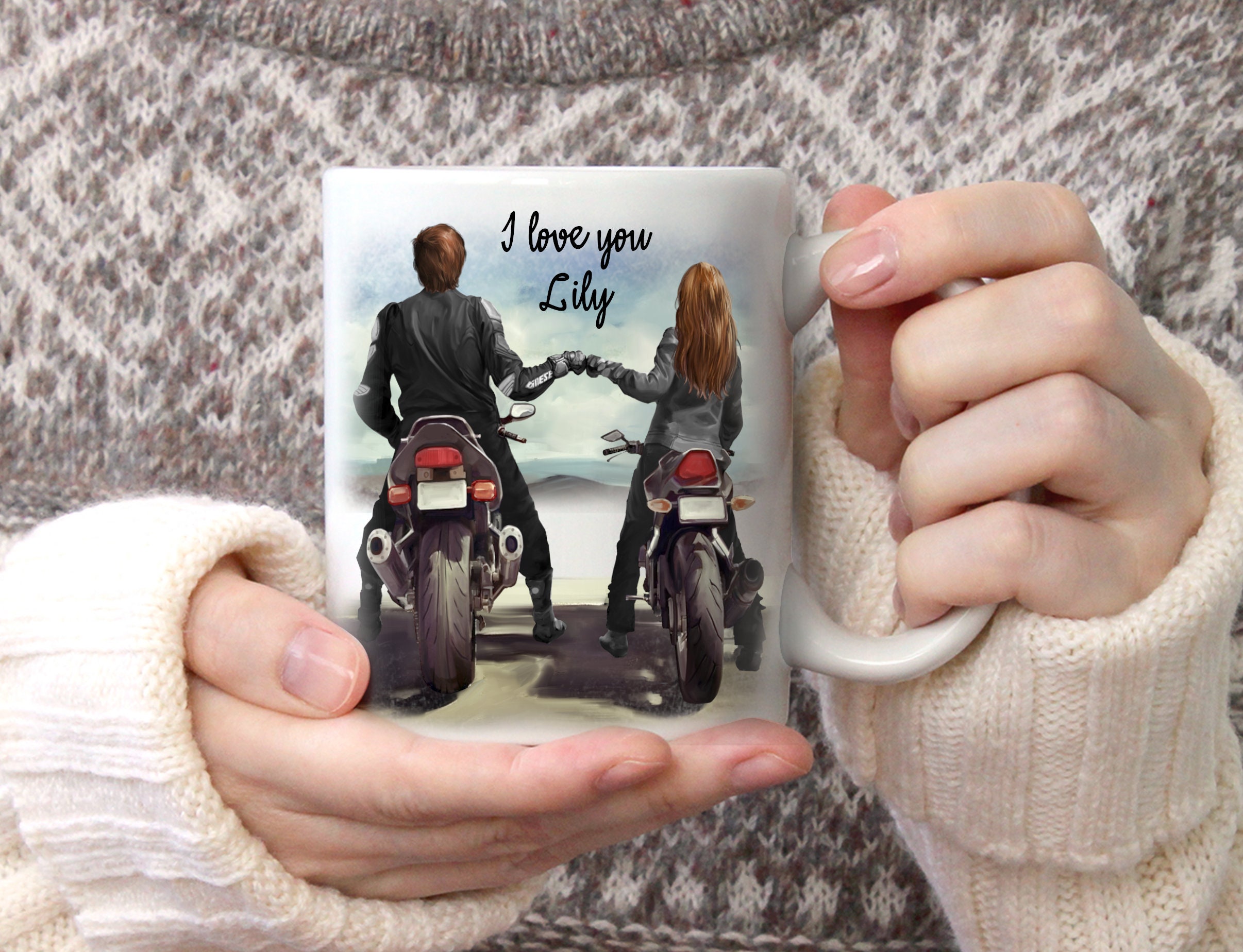 Mug Couple Motards Personnalisé, Cadeau Pour St Valentin Unique et Original, Prénoms Texte