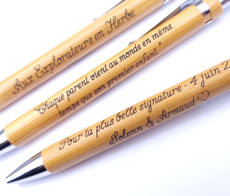 Stylo personnalisé en bois, prénom et texte long, gravure à la fraise de grande qualité fine et élégante, avec étui et message cadeau image 1