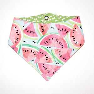 Melon d’eau/vert avec des boucles blanches, réversible chien Bandana, Bandana fermeture par bouton pression