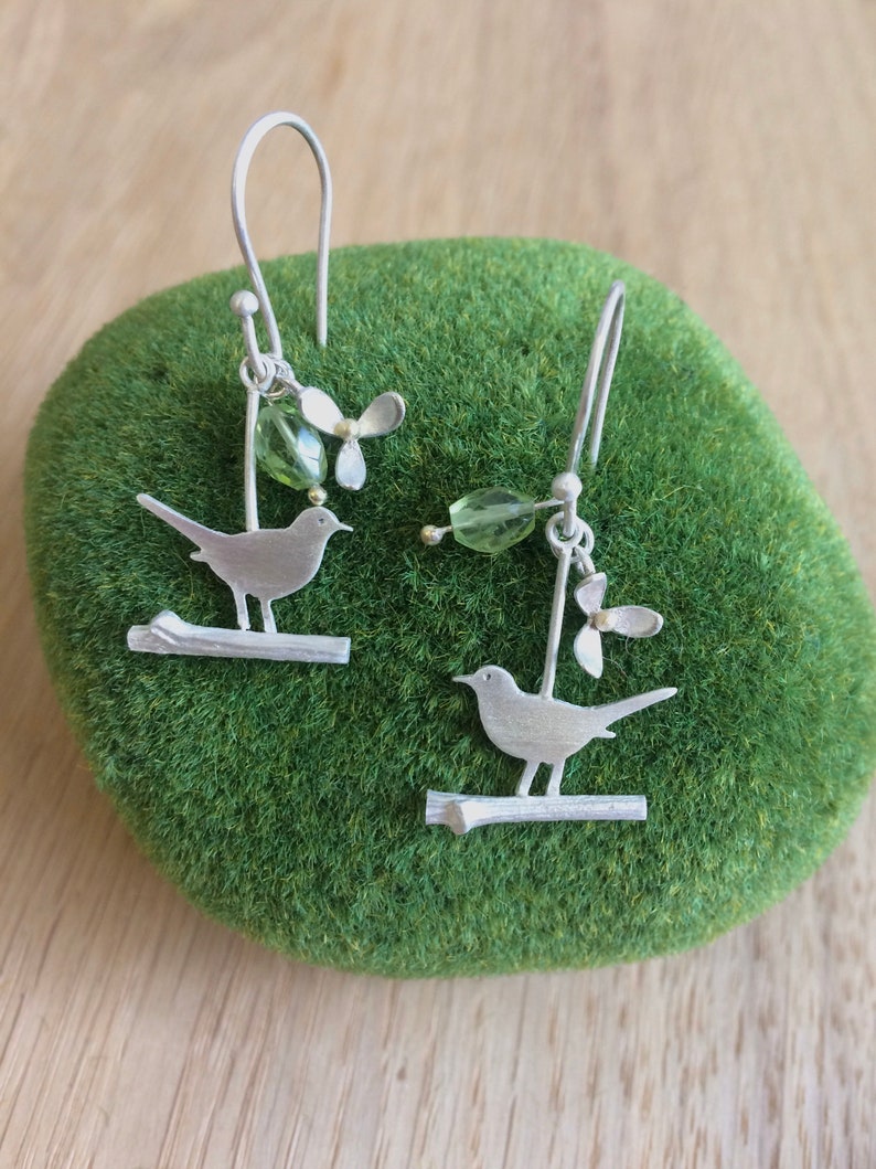 Blackbird earrings on twigs with peridots image 1