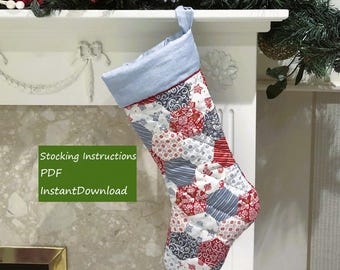 PDF-instruktioner för tyg DIY quiltad julstrumpa, hexagon patchwork papperslappning långsam sömnad