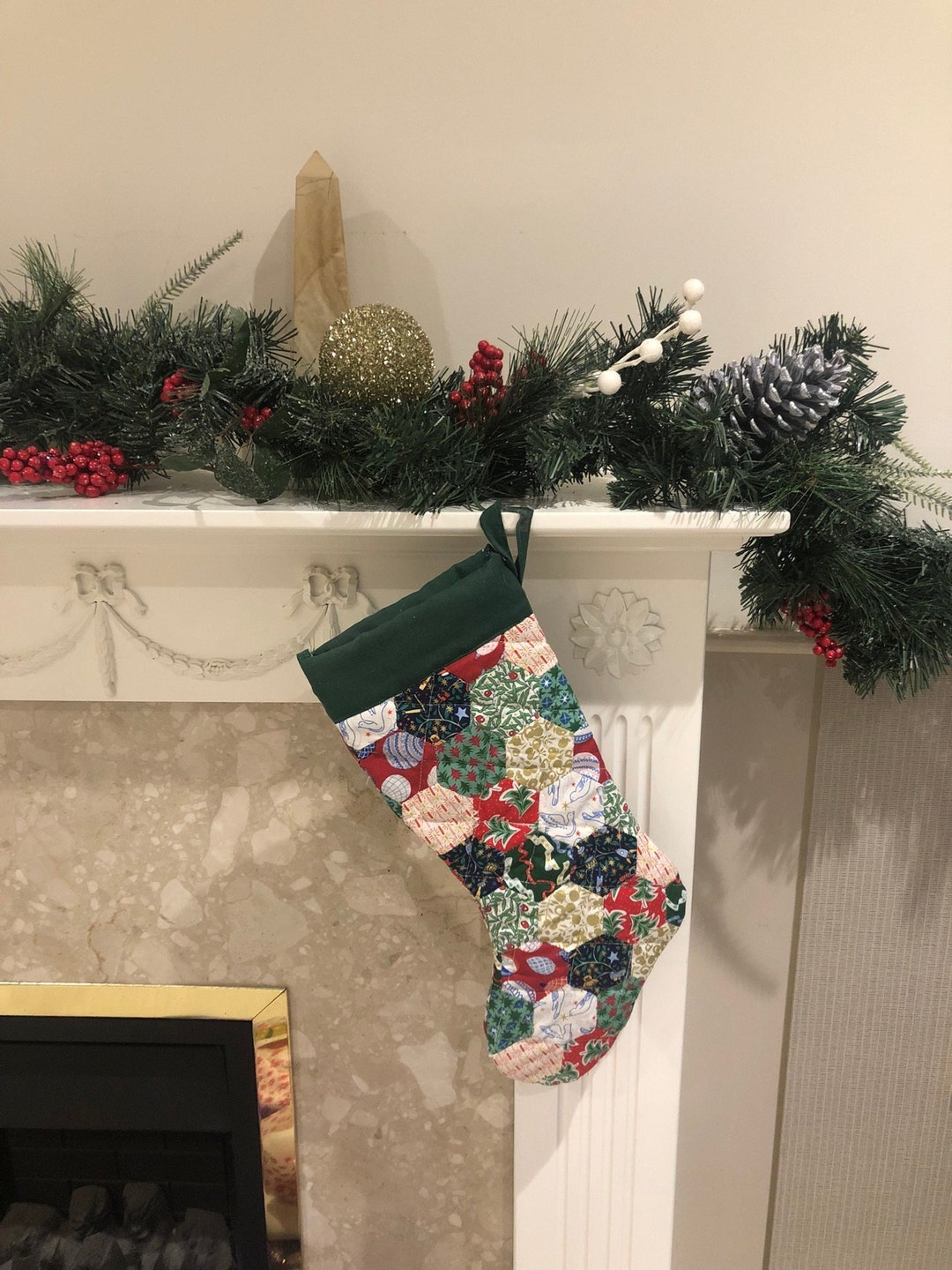 DIY Christmas Stocking Sewing Kit Liberty Fabric Quilted Hexagon Patchwork Paper Piecing Slow