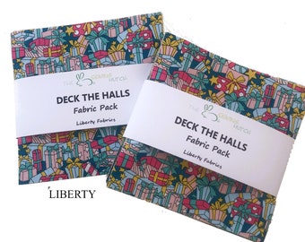 Liberty Charm Square Pack - Deck The Halls, pack of 44, 5inch squares, seasonal red blue teal fabric