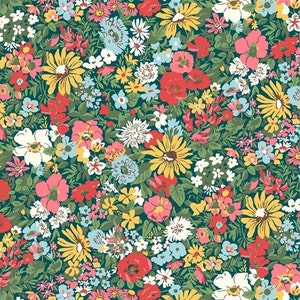 Liberty Fabric, Flower Show Midsummer,  Malvern Meadow Lasenby Cotton by the fat quarter/half metre/metre floral green yellow red dress