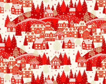 Makower Scandi Christmas Fabric 2455 Red Metallic Fabric seasonal holiday village reindeer home decor UK quilting patchwork