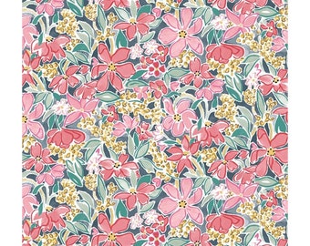 Liberty Fabric by the fat quarter/half metre/metre, Artists Home Sallieann green orange yellow pink floral home decor dress fabric