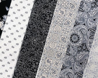 12 Liberty Jelly Roll Fabric, Quilting Fabric, 2.5” x 44”, Textiles  –  Emporium black white floral monochrome paisley geometric