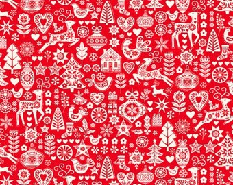 Makower Scandi Christmas Fabric Icons 2575 By Fat Quarter/Half Metre/Metre Red Fabric seasonal holiday reindeer home decor UK