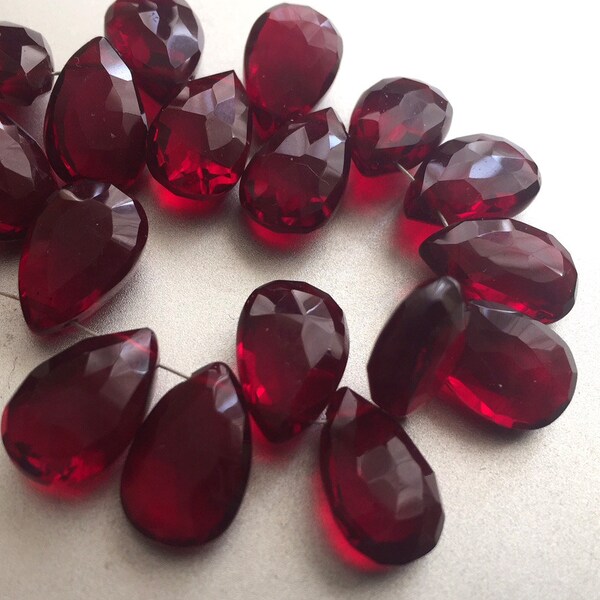 Dark Red Blood Red Quartz, ( 2 beads) 1 Matched Pair, faceted drilled pear bead,  9x14mm, Large Garnet Colored Quartz