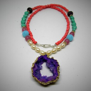 Deep Purple and Gold Geode Crystal and Bead Necklace