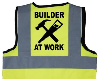 Builder at Work Baby, Children's, Kids, Toddler Yellow Hi Vis Safety Jacket Sizes 0 to 9 Years Optional Personalised On Front. Construction