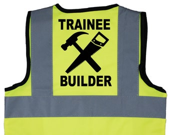 Trainee Builder Baby, Children's Kids, Toddler Yellow Hi Vis Safety Jacket Sizes 0 to 9 Years Optional Personalised On Front Construction