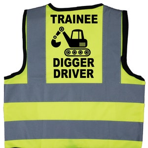Trainee Digger Driver Baby, Children, Kids Yellow Hi Vis Safety Jacket, Vest Sizes 0 to 8 Years Optional Personalised On Front Excavator