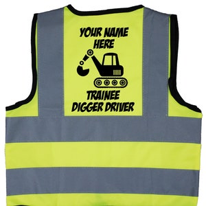 Personalised Trainee Digger Driver Baby, Children's, Kids Hi Vis Safety Jacket, Vest Optional Personal Wording On Front Newborn - 8 Years