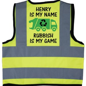 Personalisiert ist mein Name Rubbish ist mein Spiel Baby, Kinder, Kinder Hi Vis Sicherheitsjacke, Weste Optional Personalisierter Text nach vorne. Wiederverwertung