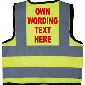 May include: A neon yellow high-visibility safety vest featuring two horizontal grey reflective strips across the lower section and vertical strips on the upper portion. The back panel displays the red text OWN WORDING TEXT HERE.