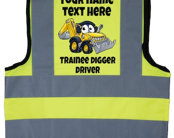 Personalised Trainee Digger Driver Colour Excavator Baby Children Kids Hi Vis Safety Jacket 0 to 8 Years Optional Personalisation To Front