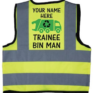 Personalisierte Trainee Bin Man Baby, Kinder, Kinder Hi Vis Sicherheitsjacke, Weste Optional personalisierter Text nach vorne. Recycling von Müll