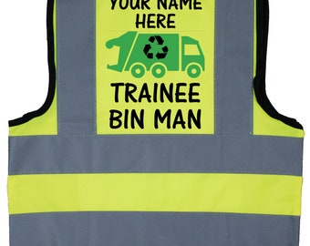 Personalised Trainee Bin Man Baby, Children's, Kids Hi Vis Safety Jacket, Vest Optional Personalised text to front. Recycling Rubbish