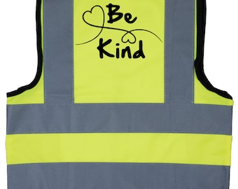 Be Kind with Heart Baby, Children's Kids, Toddler Yellow Hi Vis Safety Jacket Vest 0 to 9 Years Optional Personalised On Front Mental Health