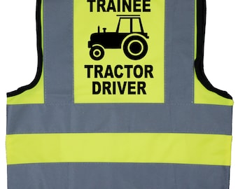 Trainee Tractor Driver Baby, Children's. Kids, Toddler Yellow Hi Vis Safety Jacket, 0 to 8 Yr Optional Personalised On Front. Farmer Builder