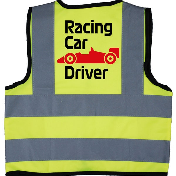 Racing Car Driver Baby, Children's. Kids, Toddler Yellow Hi Vis Safety Jacket, Vest Sizes 0 to 8 yr Optional Personalised On Front Formula 1