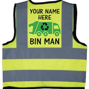 Personalisierte Bin Man Baby, Kinder, Kinder Hi Vis Sicherheitsjacke, Weste Optional Personalisierter Text nach vorne. Recycling von Müll