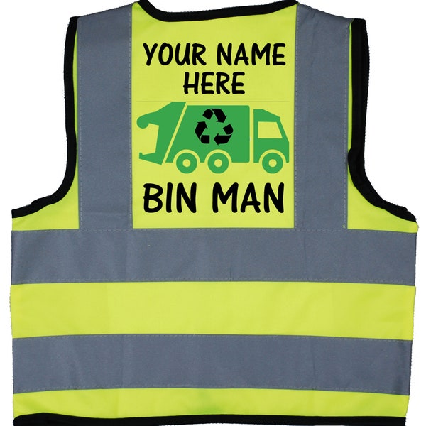 Personalised Bin Man Baby, Children's, Kids Hi Vis Safety Jacket, Vest Optional Personalised text to front. Recycling Rubbish