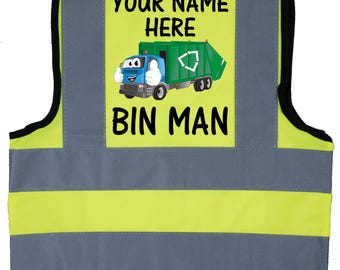 Personalised Kids Hi Vis Safety Jacket, Bin Man Costume. Optional Text On Front