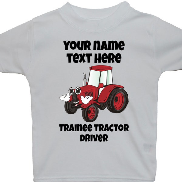 Personalised Trainee Tractor Driver Red Colour Pic Baby, Children, Kids T-Shirt, Top Short Sleeve 0 - 6 Years Farmer, Digger, Builder